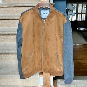 NWOT Zara Faux Suede Combined Bomber Jacket Camel/Heather Grey XL